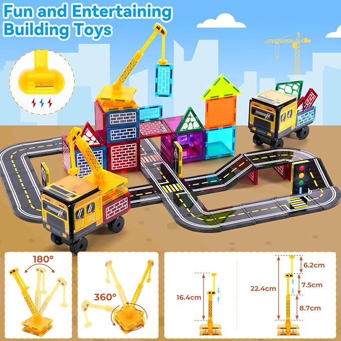 Theefun 70pcs Magnetic Tiles Road Set with Crane & 2 Cars Magnetic Blocks Double Side City STEM Construction Toy Gifts for Kids 3+ Years Old, Include 56 Magnetic Blocks, 13 Magnet Toppers, 1 Bag