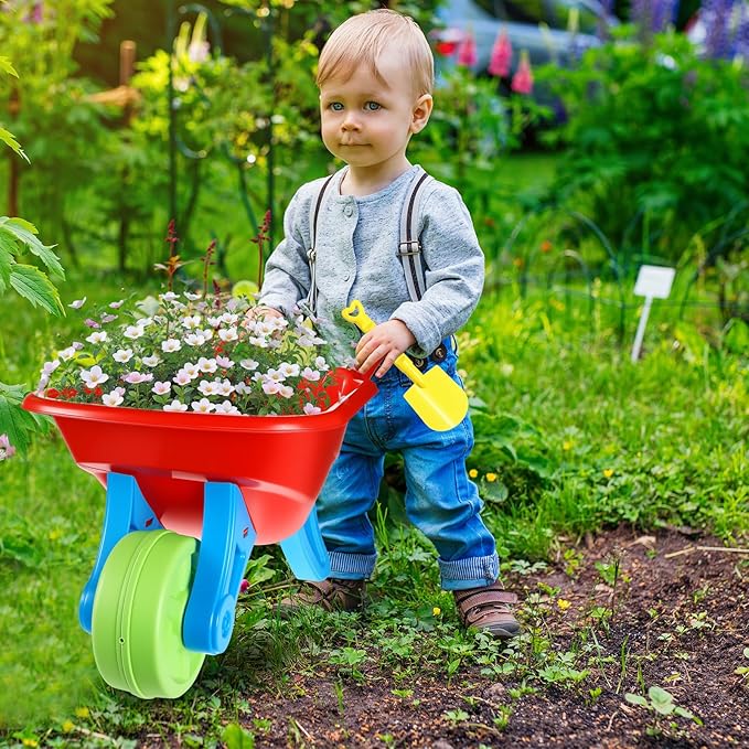 3 PCS Kids Wheelbarrow with 3 PCS Kids Toddlers Shovels for Gardening Digging, Small Plastic Wheelbarrow for Toddlers, Garden Cart on Wheels for Girls Boys Outdoor Digging Play Over Aged 3 Years Old