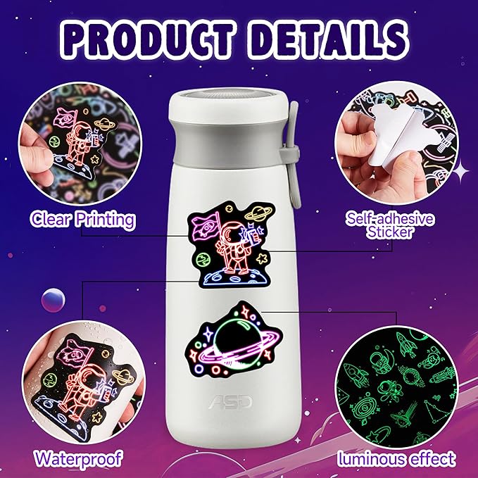 52 Pcs Neon Astronaut Stickers for Kids Glow in The Dark, Waterproof Space Sticker for Water Bottle, Vinyl Laptop Decals for Teens Girls Boys, Students Adults Sticker Pack