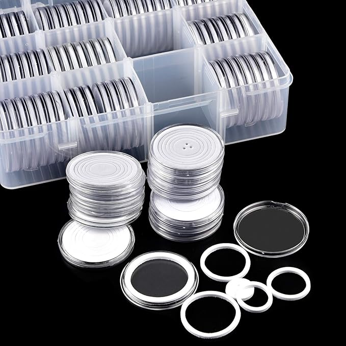 ALCYON 84 Pieces 46 mm Coin Capsules, with Foam Gasket and Plastic Storage Organizer Box, Coins Holder Collector Case for Coin Collection Supplies 6 Sizes (20/25/27/30/38/46mm) - Transparent