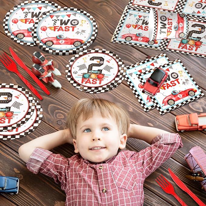 Two Fast Birthday Party Supplies, 142pcs Race Car 2nd Birthday Decorations Tableware Kit Includes Race Car Plates Napkins Tablecloth for Two Years Old Party Baby Shower Decorations Favors for Boys