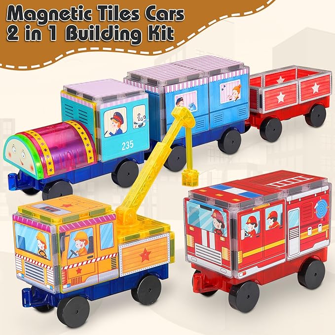 Magnetic Tiles Cars Construction Set - 30 PCS Magnetic Tiles Magnet Bricks Truck Sensory Toys, Educational Magnet Cars Set Building Blocks for 3 4 5 6 7 8+ Year Old Girls Boys Toddler