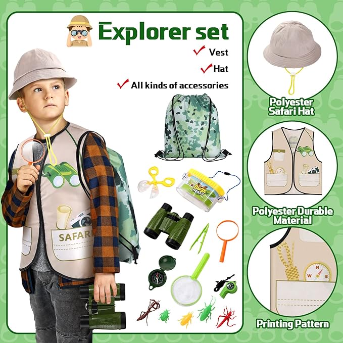 Deekin 3 Sets Kids Dress Up Clothes for Play Age 3-7 Ages, Toddler Dress Up Costumes Vest Role Play Community Helpers Construction Worker, Chef, Explorer for Boys Girls Costumes Accessories