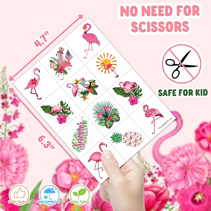 96 PCS Funny Flamingo Pre-Cut Temporary Sticker Summer Tropical Flower Hawaiian Luau Birthday Supplies Gifts Girls Boys Baby Showers Prizes Cute School Reward Themed (Normal)