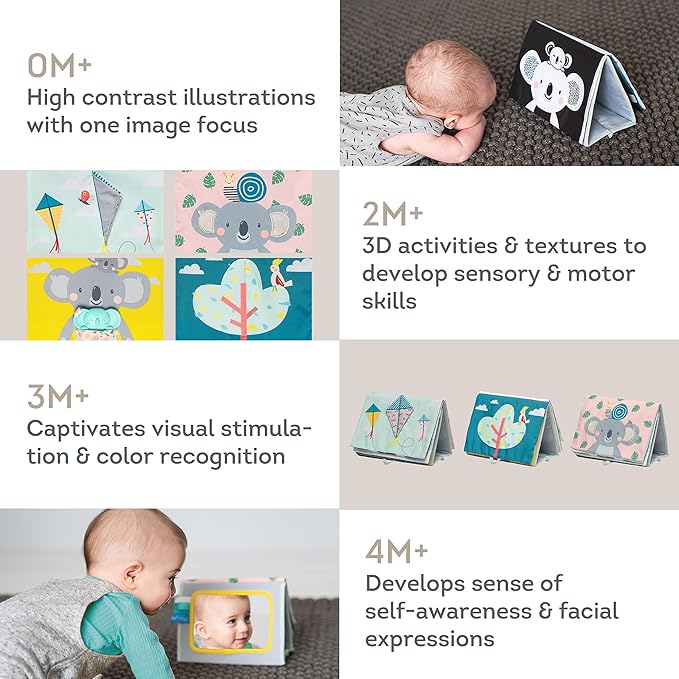 Taf Toys Tummy Time Toys High Contrast Baby Book. Fun, Interactive Crinkle Books for Babies with Mirror & Soft Koala Teether - Baby Tummy Time Book