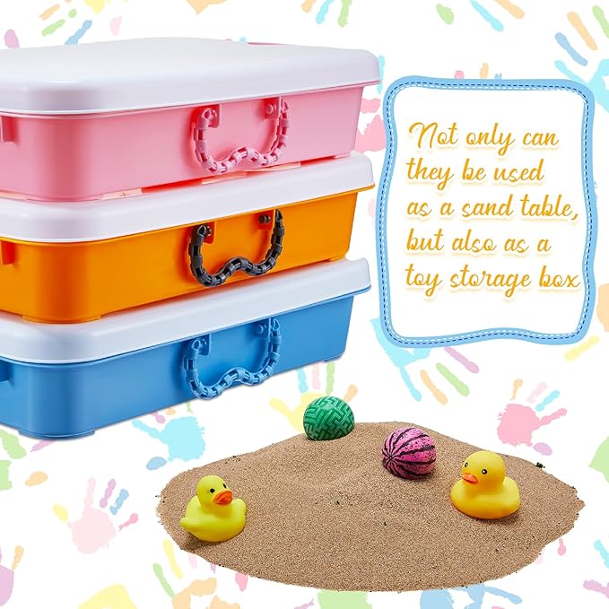 Suzile 3 Pcs Portable Sensory Bin Sand Tray with Lid, 15 Inch Colorful Plastic Sandbox Toy, Large Play Tray Fill with Sand, Water, Beads, and More, 3 Colors(Blue, Orange, Pink)