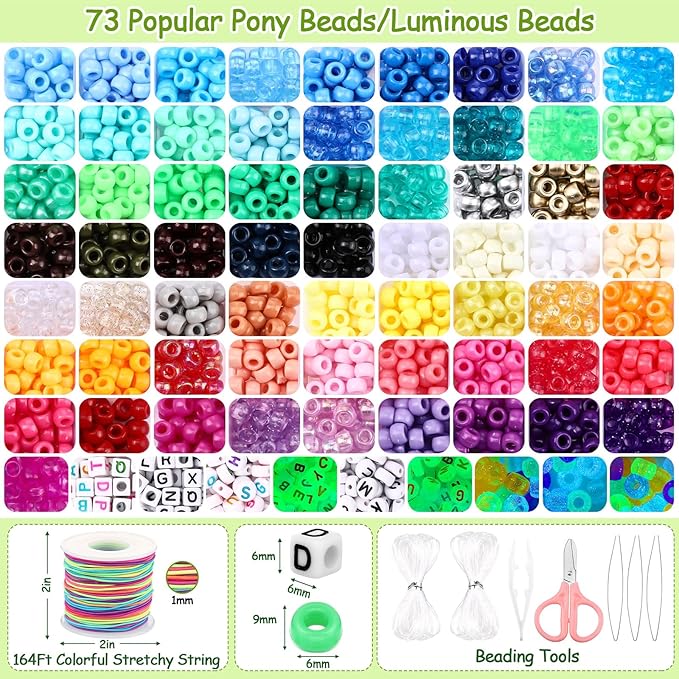73 Colors 3700 Pcs Pony Beads for Bracelet Making Kit 64 Colors Pony Rainbow Letter Beads 9 Colours Glow in The Dark Beadwork Friendship Bracelet Jewelry Crafts with Elastic Cord