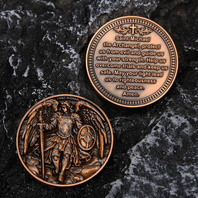 5Pcs Saint Michael Archangel Protection Coin, 1.57-Inch Double-Sided Zinc Alloy Collectible with Antique Finish, Featuring Saint Michael Prayer Christian Challenge Coin (Pack of 5)