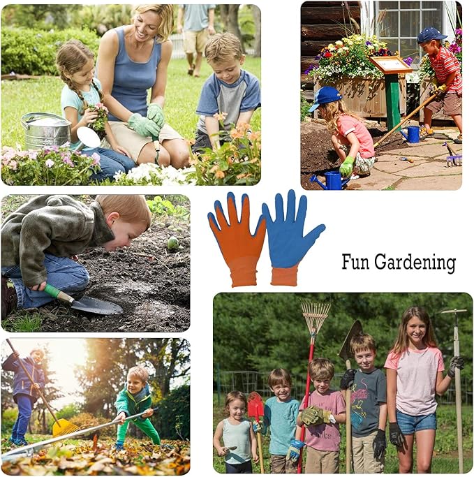 HANDLANDY 3 Pairs Kids Gardening Gloves Latex Free, Nitrile Coated Children Toddler Garden Yard Work Gloves for Little Girls Boys (Size M, Black-Orange)