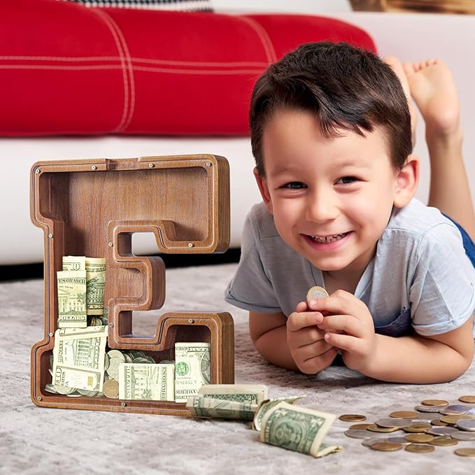 Summidate Customized Name Extra Large Wooden Piggy Bank for Kids Boys Girls Alphabets Letter A-Z Coins Bills Money Change Bank Initial on Clear Cover (Laser Engraved) Educational Toys 12"- Letter E