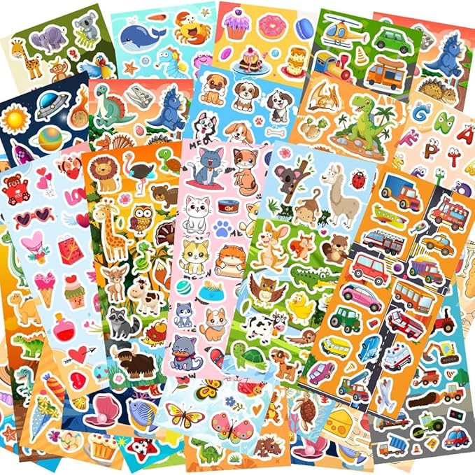 48 Sheets Stickers for Kids, Cute Kids Stickers Variety Pack for Scrapbooking, Teachers Classroom Prizes, Goodie Bag Stuffers Including Animals, Cars, Dinosaurs, Fishes, Hearts, Stars and More