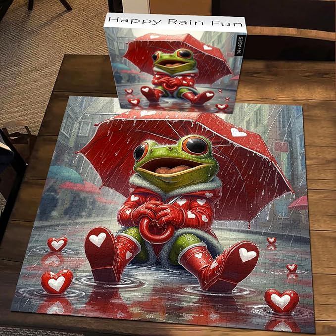 Cute Frog Puzzles for Adults 1000 Pieces, PICKFORU Happy Rain Fun Jigsaw Puzzle Umbrella, Challenging Colorful Love Hearts Theme as Art Decor