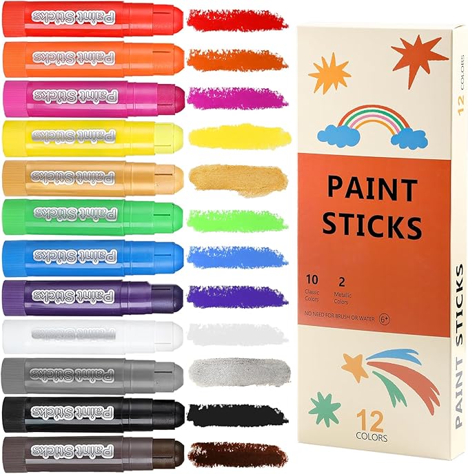 12 Colors Tempera Paint Sticks, No Mess, Quick-Drying & Non-Toxic Art Supplies, Easy-Grip for Toddlers and Kids, Works Great on Paper, Wood, Glass, Canvas, Gifts for Drawing on Various Objects