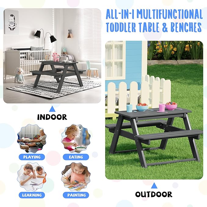 Costaelm Kids Picnic Table, HDPE All Weather Outdoor Toddler Picnic Table and Chair Set Kids Bench for Patio, Backyard, Garden, Lawn, Gray