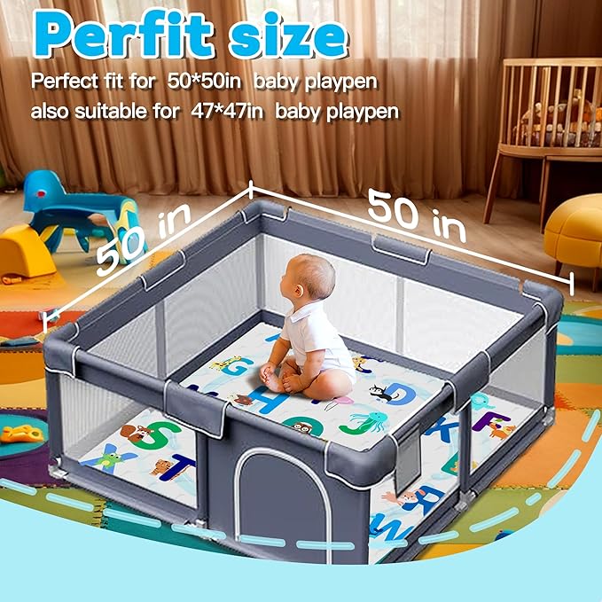 Baby Play Mat，Thick Soft 50" X 50" Playpen mat, Non-Slip and Machine Washable Baby Play Mats for Floor，Crawling Mat for Babies, Toddlers & Infants to Play and Learn (Animal Alphabet)