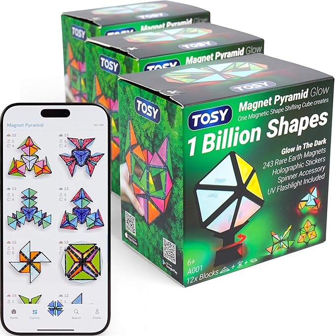 TOSY Magnet Pyramid Glow - 1 Cube Transforms into 1 Billion Shapes, 12 Pieces, 243 Rare Earth Magnets, Glowing, Holographic Design Magnet Tiles Creative Puzzle STEM/STEAM Toy, 3-Pack