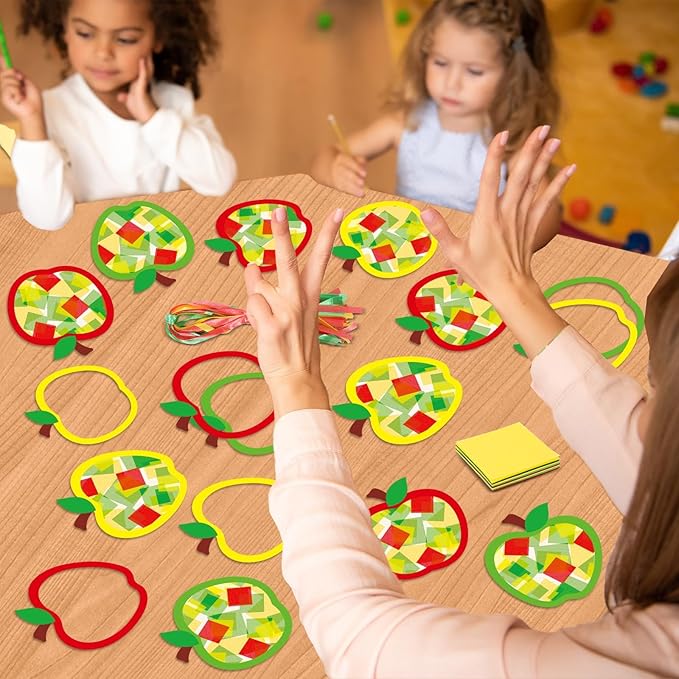 Qyeahkj 36 Set Fall Apple Suncatchers Crafts for Kids DIY Autumn Window Tissue Paper Craft Kit Hanging Decor for Classroom Home Activity Art Project Birthday Party Favor Gift