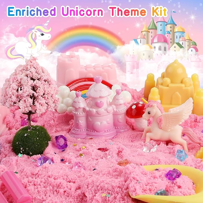 Lokuc Unicorn Sensory Bin for Girl, Unicorn and Mermaid Sensory Sand Kit Toy, 60Pcs Sandbox with 2.2 lbs Magic Sand Sensory Bins, Christmas Birthday Gift for Toddler Kid Age 3 4 5 6 7 8