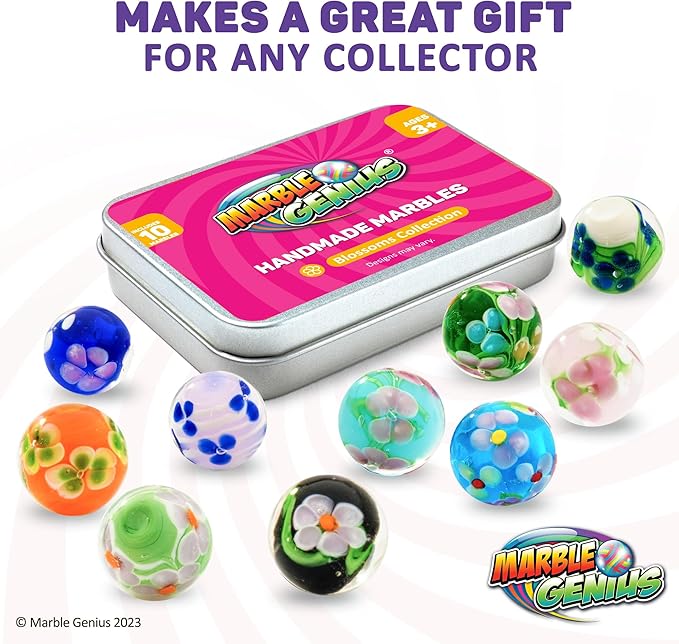Marble Genius Collectors Marbles, Blossoms, 16mm (⅝ Inch), 10 Handmade Glass Marbles, Gifts for Marble Lovers, Gifts for Kids Ages 3+