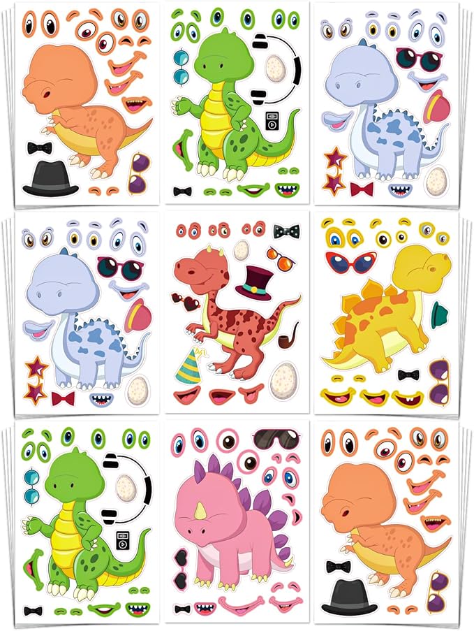 Aowplc 30 Sheets Make A Dinosaur Stickers for Kids Fun Mix 'n Match Craft for Party Favors & Activities