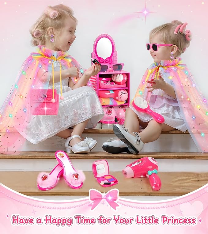 Princess Light Up Cape Dress Up Shoes, Kids Pretend Makeup Set for Girls Pretend Play Beauty Hair Salons Toys Gift for 3-6 Toddler Little Girls