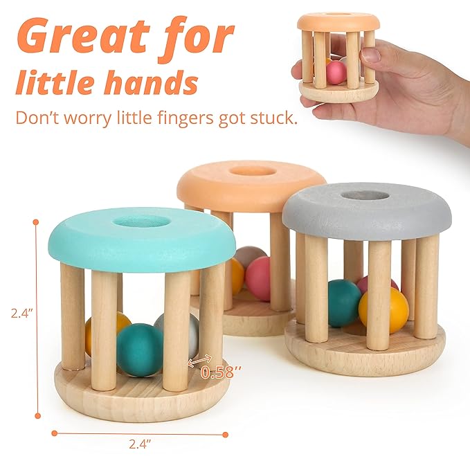 DUCKBOXX XX Montessori Infant Educational Toys, Natural Wood Rolling Rattle Toy, Early Learning Toy for Developing Fine Motor Skills and Color Recognition, for Ages 0m–2yrs (Burlywood Base - 3pcs)
