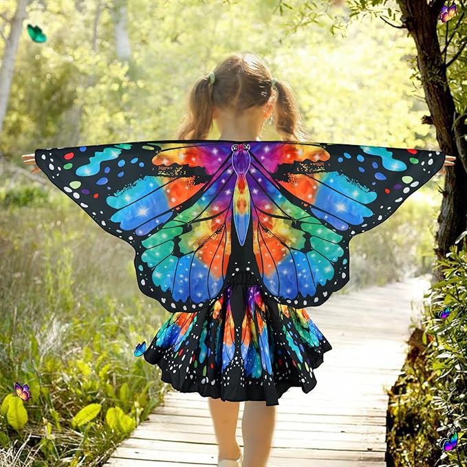 Butterfly Costume for Girls Fairy Wings Kids 4 Pcs(Cape,Skirts,Masks,Hair Clips) Butterfly Wings for Halloween Gifts