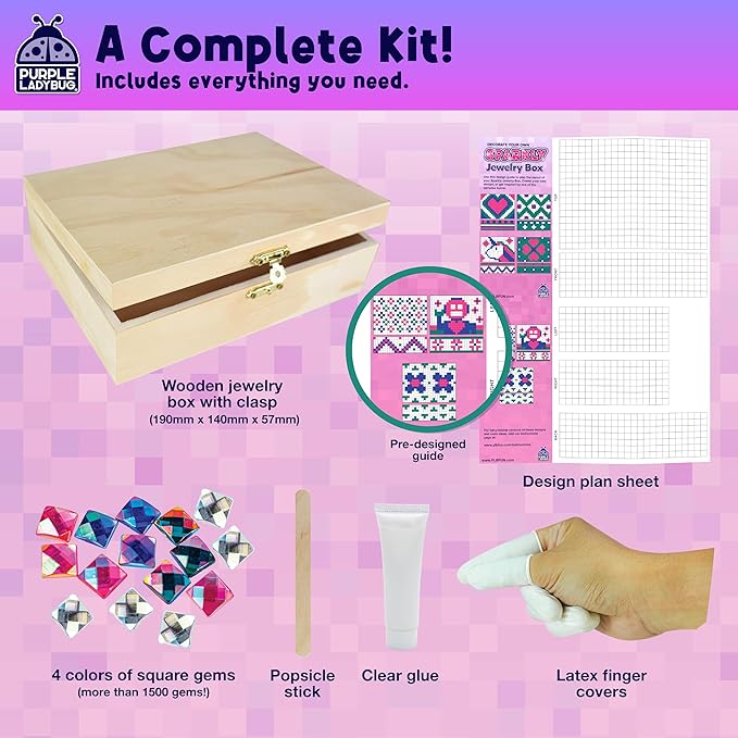 PURPLE LADYBUG Sparkly DIY Wooden Jewelry Box Craft for Girls 8-12 with 1500+ Non-Toxic Gems - Christmas & Birthday Gift for 4 5 6 7 8 9 10 11 12 Girl, Girls Toys 8-10 - Mosaic Mermaid Unicorn Design