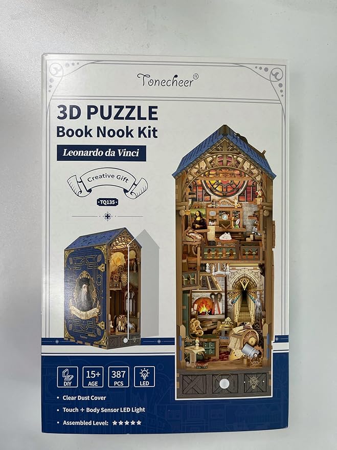 Tonecheer DIY Book Nook Kit for Adults, 3D Puzzle Wooden Miniature House Kit, Booknook Dollhouse Bookshelf Insert Decor Bookend with Dust Cover and LED Lights Gifts (Leonardo da Vinci)