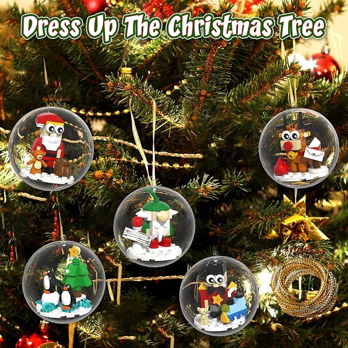 Christmas Tree Ornaments Building Blocks Christmas, 2025 Christmas Decorations Ball Toys Included Santa Reindeer Nutcracker Gnome Penguin, Xmas Ornaments for Indoor Outdoor 5packs