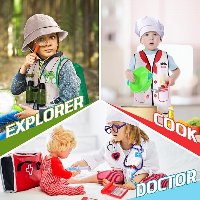 3 Sets Kids Dress up and Role Play Clothes, Boys Girls Dress up Clothes Costumes, Doctor, Chef, Explorer Vest for Kids Children Pretend Role Accessories