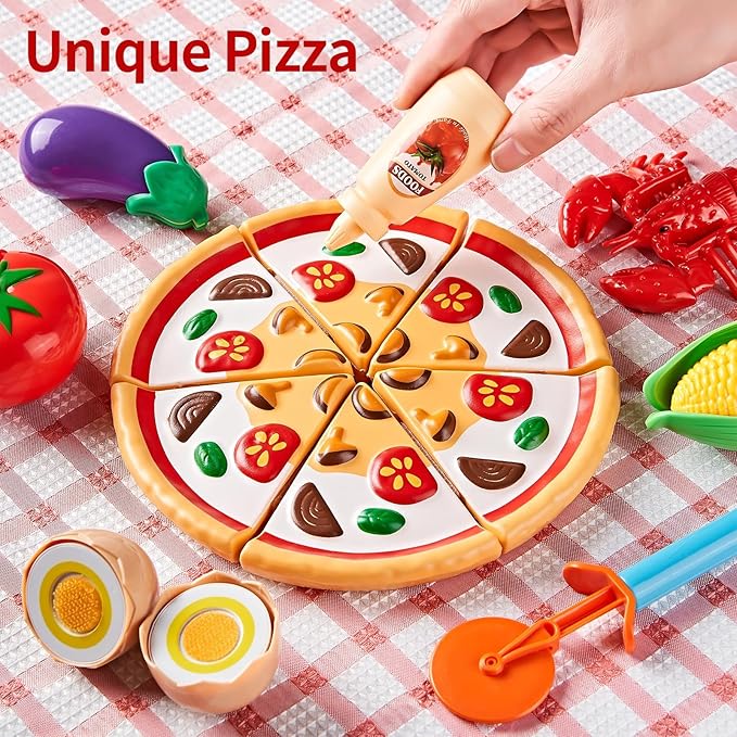 Play Kitchen Accessories - 46Pc Kids Kitchen Playset with Kids Pots and Pans Playset, Pizza Toy, Play Food with Play Fruit Veggies, Kitchen Toys, Cooking Utensils Toy, Apron, Boys Girls Gift