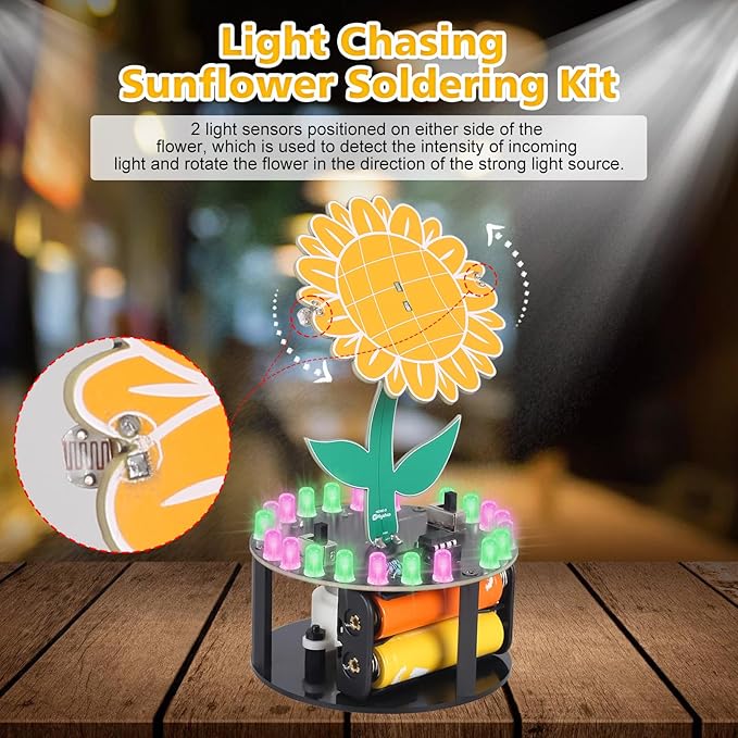 Sunflower Soldering Project, ICSTATION Light Chasing Sunflower Soldering Practice Kit with RGB LED Flashing Lights DIY Rotating Sunflower Electronic Kit for Teenagers School Students Education