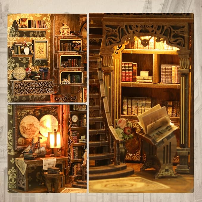 Book Nook Kit - DIY Enchanted Cottage Miniature House for Adults & Teens, 3D Wooden Puzzle Booknook with LED Lights, Bookshelf Insert Decor & Creative Model Building（Antique Books Collection Room）