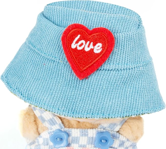 17cm Doll Clothing for Labubu - Kawaii Chic Style Set for 17cm Dolls, Cute Doll Outfit with Accessories - Blue and White Check Romper + Heart Shaped Blue Hat (Clothes Only)