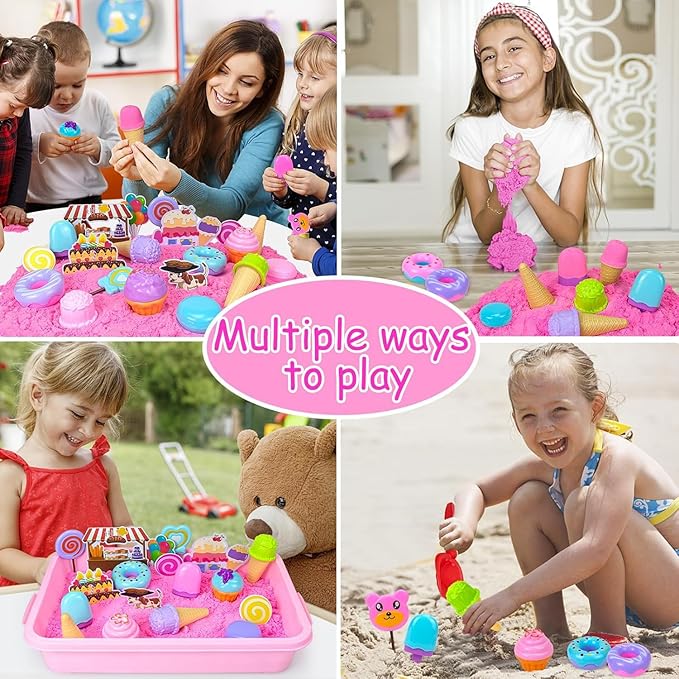 Sensory Bin Toys, Ice Cream Play Sand Set with Sensory Sand, Ice Cream Toy Molds and Cleaning Tools Sandbox with Lid Kids Play Sand Art Kits for Boys Girls 3-8 Years Old Birthday Christmas Gift