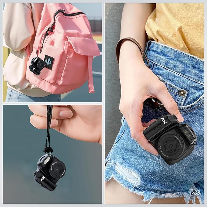 Keychain Camera, 4K 64MP Pocket Retro Nostalgia Video Camera for Teenagers, Children, and Photography with LED Light and 32G Micro SD Card (Black)