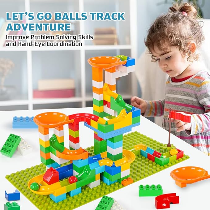 Marble Run Building Blocks for Kids, 145 PCS Building Bricks with Step-by-Step Guide, STEM Toy Track Compatible with Major Brands for Age 3 4 5 6 7 8+ Boys Girls Birthdays