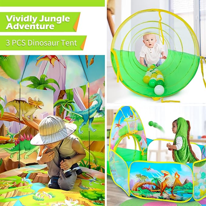 3PC Dinosaur Tent for Girls with Kids Ball Pit, Kids Play Tents and Crawl Tunnel for Toddlers, Pink Pop Up Playhouse Toys for Baby Indoor& Outdoor Tent Games, Birthday Kid’s Gifts
