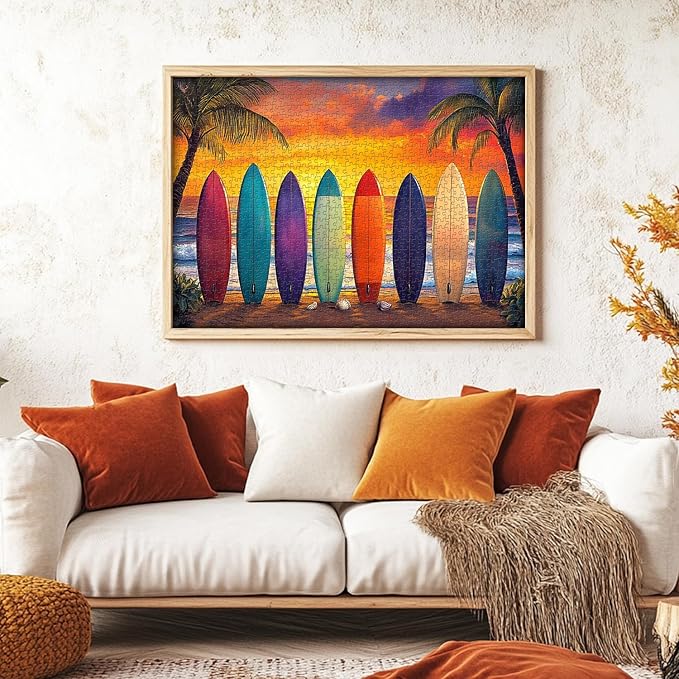 Beach Sunset 1000 Piece Puzzle for Adults, PICKFORU Summer Seaside Surfboard Jigsaw Puzzles, Colorful Hard Beach Vacation Theme as Art Decor