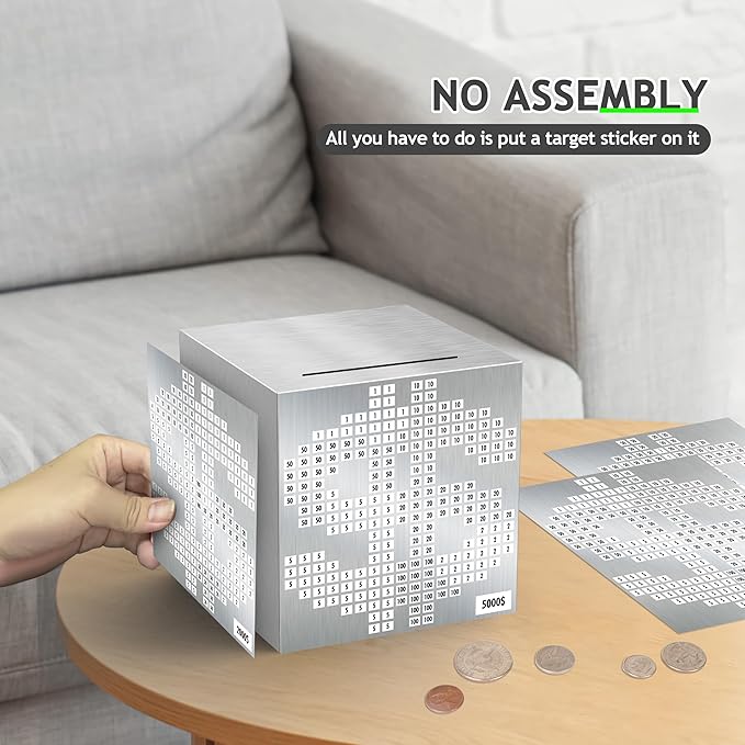 Primo Lines Piggy Bank for Adults, Stainless Steel Money Box, Unbreakable Piggy Bank Metal Cash Box, 10k Savings Challenge Box, 4.72 inch Money Saving Box with Counting Stickers for Savings Goal