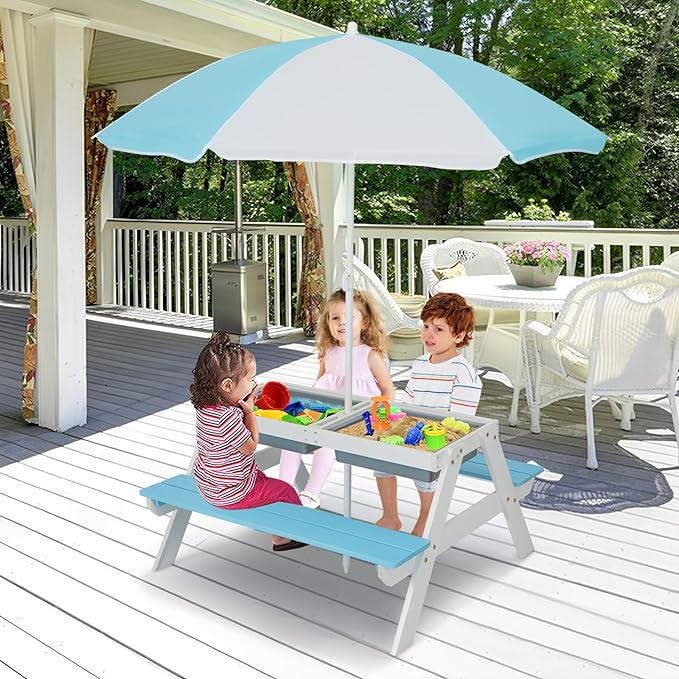 Costzon Kids Picnic Table with Sensory Bins, 4 in 1 Sand and Water Table with Height Adjustable Umbrella, Removable Tabletop for Outdoor Backyard Patio Play