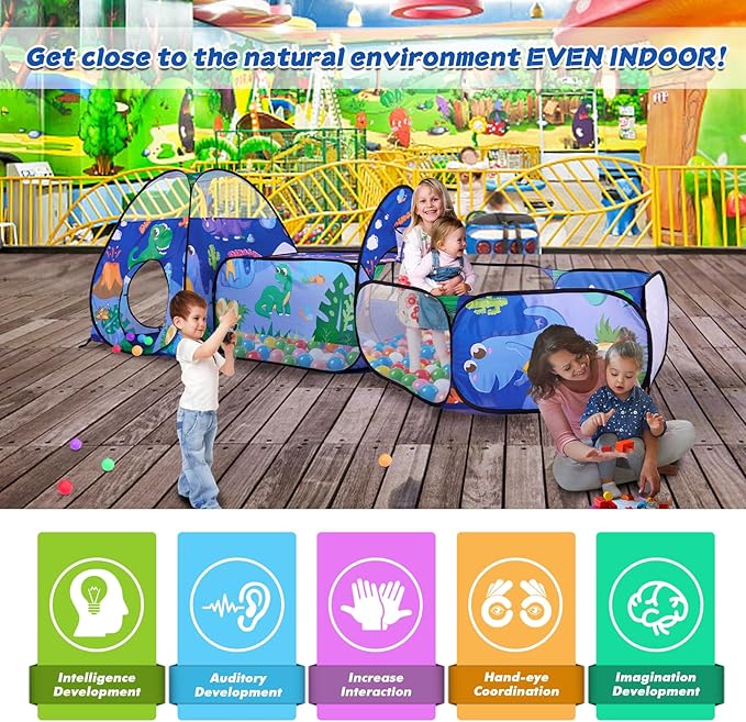 TTLOJ 3PC Dinosaur Kids Play Tent with Ball Pit, Crawl Tunnel, Toddlers Playhouse Castle Toys, Baby Boys Girls Gift for 3 4 5 6 7 Years Old, Outdoor Indoor, Lightweight (Balls Not Included)