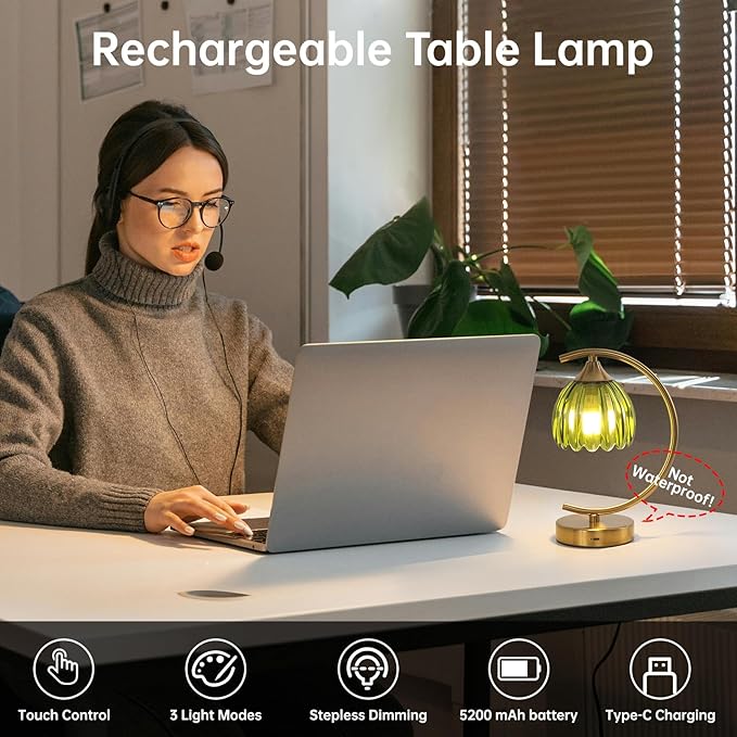 Cordless Table Lamp with 5200mAh Battery & Touch Control - 3 Adjustable Color Temperatures Bulb, Rechargeable Small Table Lamps for Living Room, Bedroom, Office Desk, Nightstand (Green Tulip)