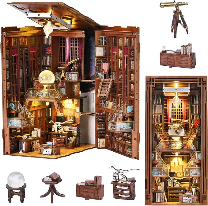 Book Nook Kit, DIY Miniature Dollhouse Booknook Kit, 3D Wooden Puzzle Bookend Bookshelf Insert Decor with LED Light for Teens and Adults (Beyond Library)