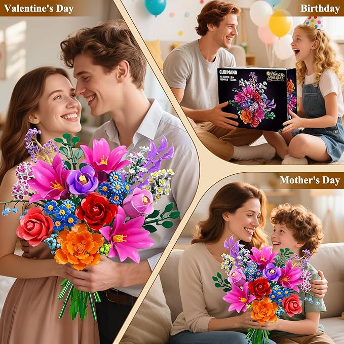 Flowers Bouquet Building Set with LED Light, 21 Flower Botanical Collection Building Block Toy, Rose Lily Plants Home Office Decor 1054PCS, for Her Adults Women Kids Girls 12+ (RED)