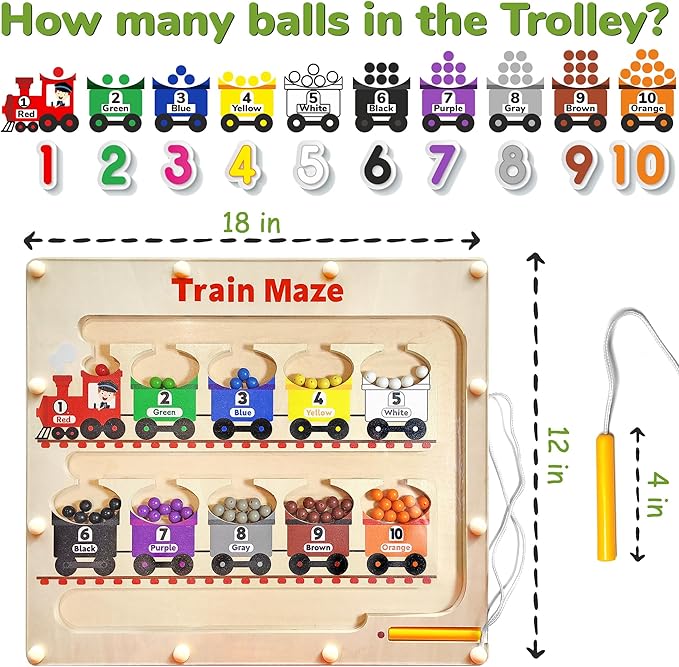 Panda Brothers Magnetic Color and Number Maze with Long Pen Handle, Color Learning Busy Board for Kids, Wooden Montessori, Fine Motor Skills and Educational Toys, Magnetic Maze Toys for Toddlers 1-3