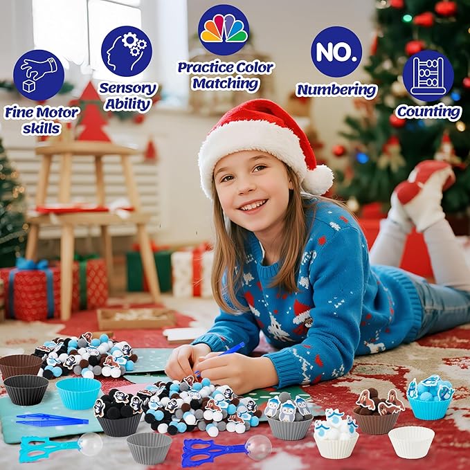 EZdhuawuse Winter Animals Sensory Bin Fillers - 267Pcs Winter Fine Motor Toys Colorful Counting Sorting Toys for Kids, Felt Polar Bear Sea Lion Pom Poms Cup Clip for Preschool Education Activities