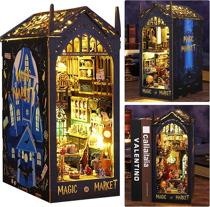 ISSEVE DIY Book Nook Miniature Kits for Adults, 3D Wooden Puzzle Dollhouse Miniature House Kit for Booknook Shelf Insert Decor, Creative Assembled Bookends Bookshelf with Sensor Light (Magic Market)