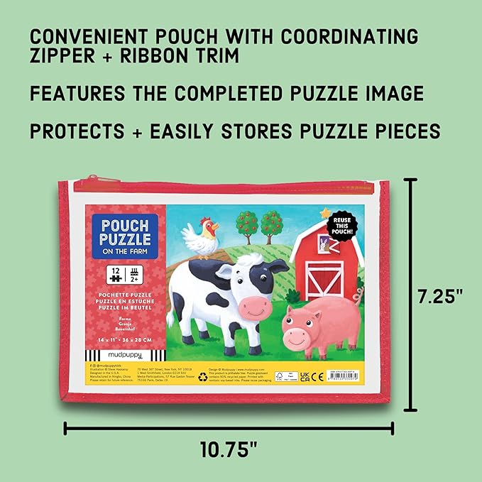 Mudpuppy On the Farm – 12 Piece Puzzle with Reusable Zipper Pouch Featuring Colorful and Fun Illustrations of Farmyard Animals Perfect for Easy Storage and Travel